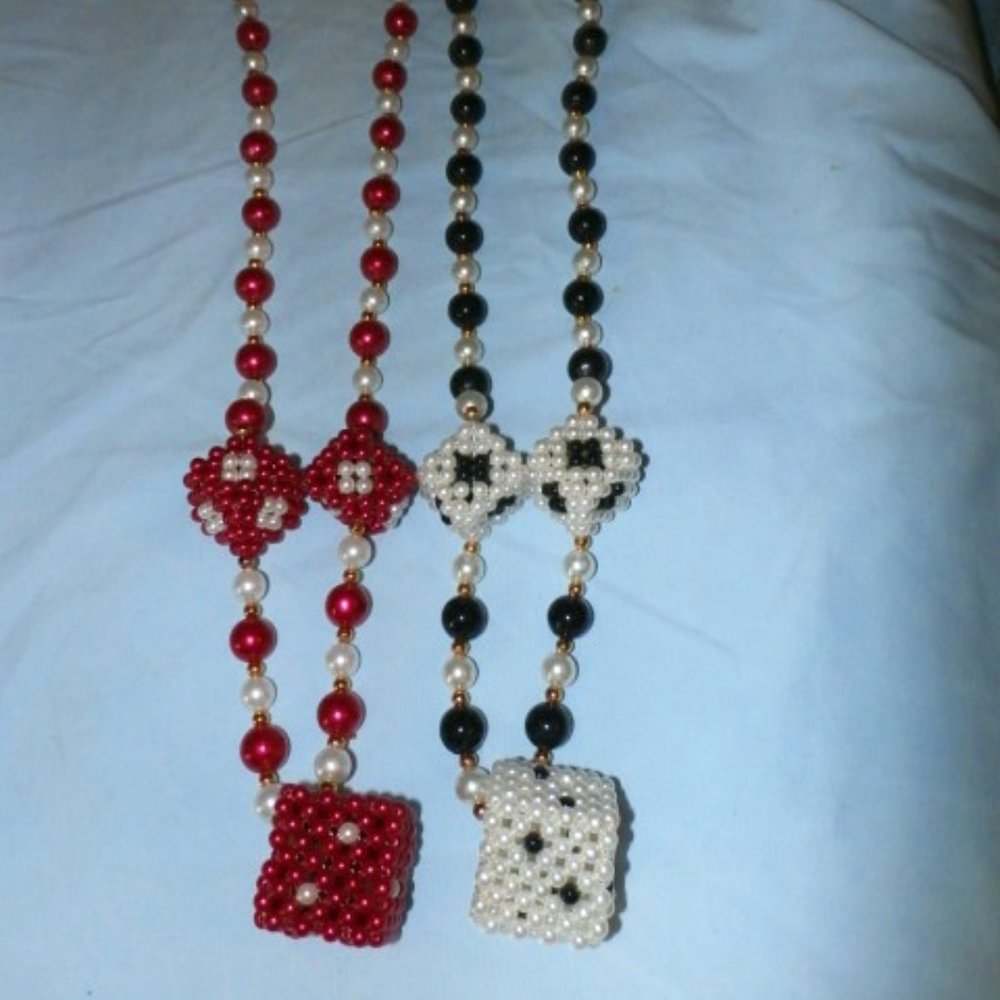 2 Accent Annex Beaded Dice Necklaces 24" long   Red & White / Black & White